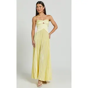 Shay Maxi Dress - Sweetheart Cut Out Pleated Dress in Lemon