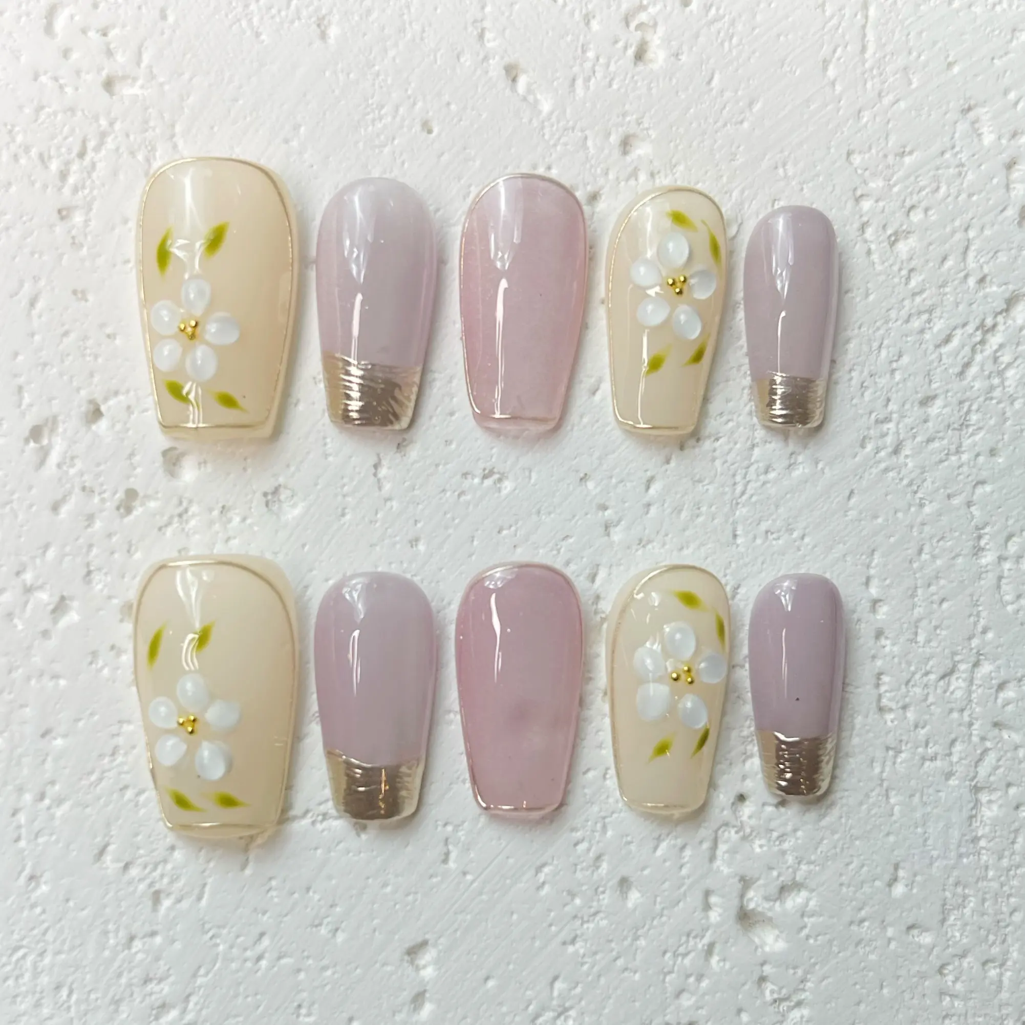 [Petal Charm] Medium Coffin Handmade Press on Nails, Fake Nails with Nail tool kit with Jelly Stickers, Reusable, Durable