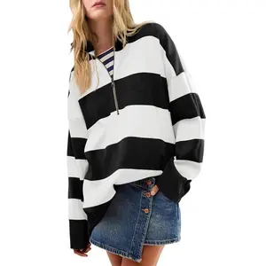 Black half-zip high-neck sweater with long sleeves, casual autumn top