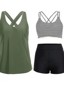 Women's 3-Piece Quick-Dry Tankini Bikini Swimsuit with Tummy Control, Includes Bra Top & Shorts, Suitable for Teens
