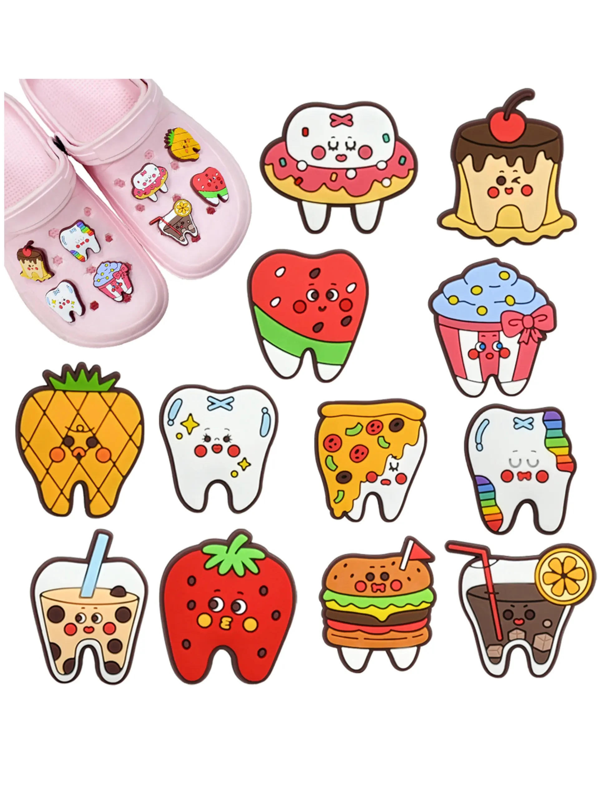Cute Cartoon Tooth Design Shoe Decorations, 12 Pcs PVC Shoe Accessories, Breathable Slippers, Fashionable Durable Footwear Decoration