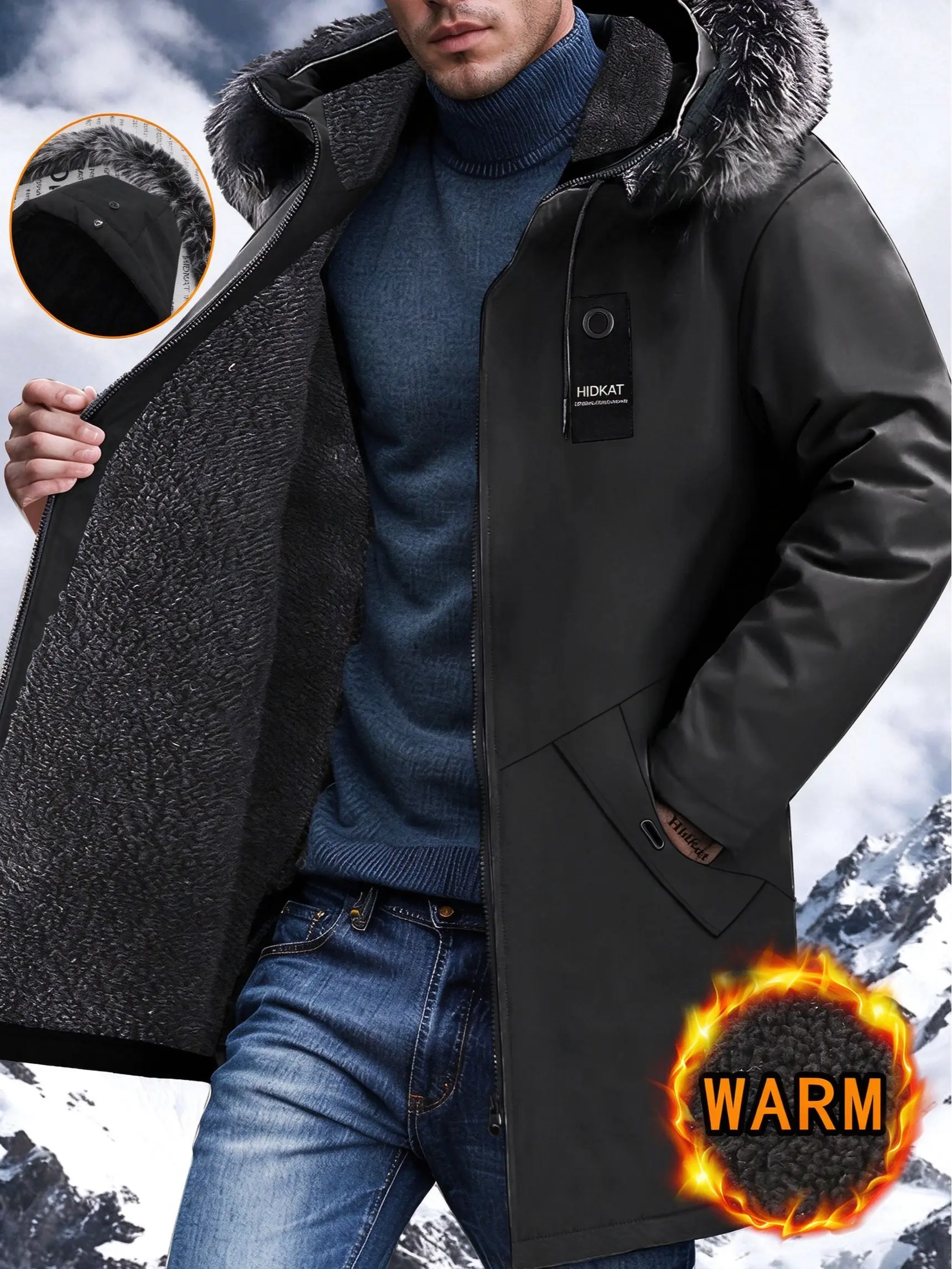 Men's Mid-Length Parka Coat - Casual, Plain Menswear, Long Sleeve, Loose, Faux Fur Hood, Thick Sherpa Lined, Windproof Cold Resistant Winter Outerwear for Outdoor Use