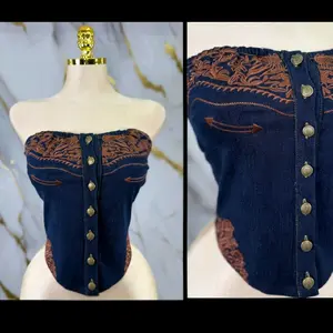 Vaquerita Denim Top with Embroidered Details and Button Front Closure for Women