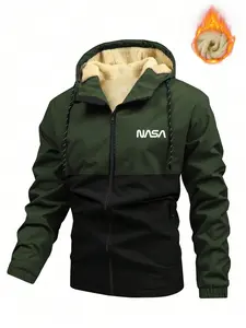 One men’s hooded jacket featuring color-block letter print; urban casual style with contrasting paneling, plush lining inside, and a drawstring hood. Smooth fabric drapes well. Suitable for men’s everyday commuting, shopping, and exploring stores—relaxed,