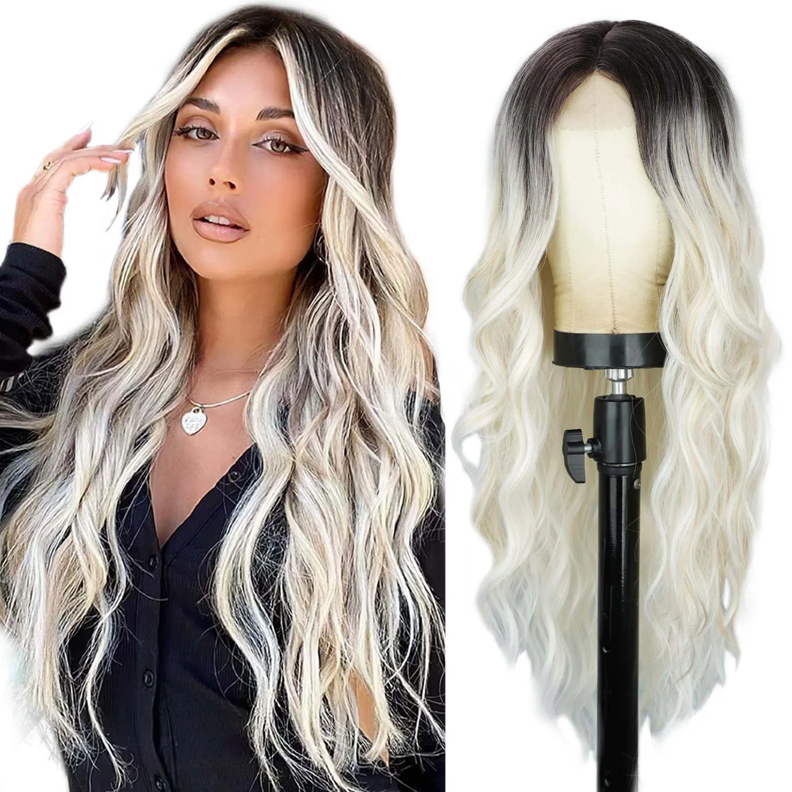 AISI HAIR Women's 26in Middle Part Ombre Platinum Blonde Wavy Synthetic Wig, Heat-Resistant Natural-Looking Fiber for Daily & Party Use, Ombre Wig Fashion Wig Artificial Wig