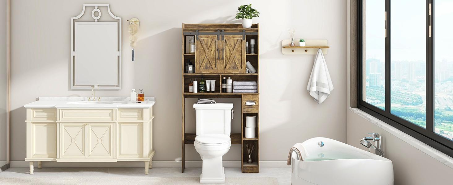 Vabches Wood Over The Toilet Storage Cabinet with Sliding Barn Doors, Farmhouse Bathroom Space Saver Organizer for Small Bathroom Laundry Room
