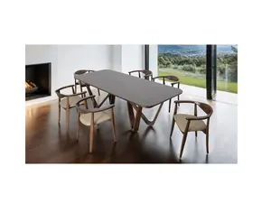 Nordby FM30001WN-7PC 7 pc Rich Walnut Finish Wood Mid-Century Modern Dining Table Set with Reversed Curved Edges & 6 Side Chairs - Design