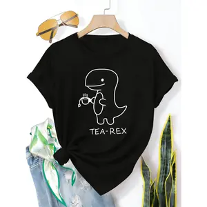 100% cotton simple dinosaur print black round-neck women's sports T-shirt, casual, fashionable, trendy, elegant, vintage style, adult short-sleeve top, soft and comfortable, lightweight and breathable, suitable for spring, summer, and autumn