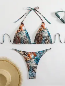【Plus Size】 Two-Piece Set Plus Size All Over Print Tie Side Bikini Set, Casual Fashion Chic Swimsuit for Beach Holiday Vacation, Women's Swimwear for All Seasons
