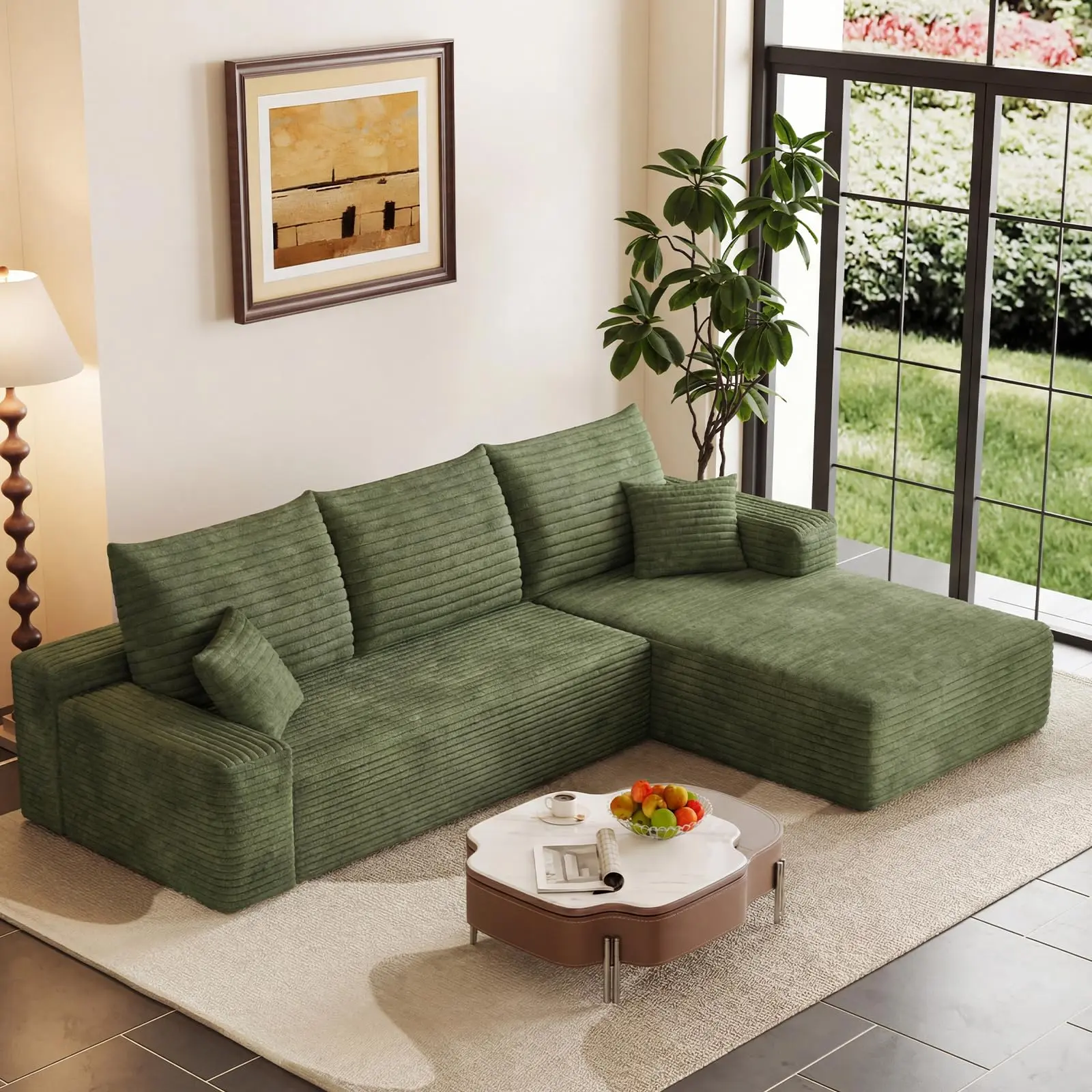 Modern Corduroy L-Shape Sectional Sofa, 95-Inch Cloud Couch with Right-Facing Chaise, Memory Foam Deep Seat, No Assembly Required, Camel(Green）