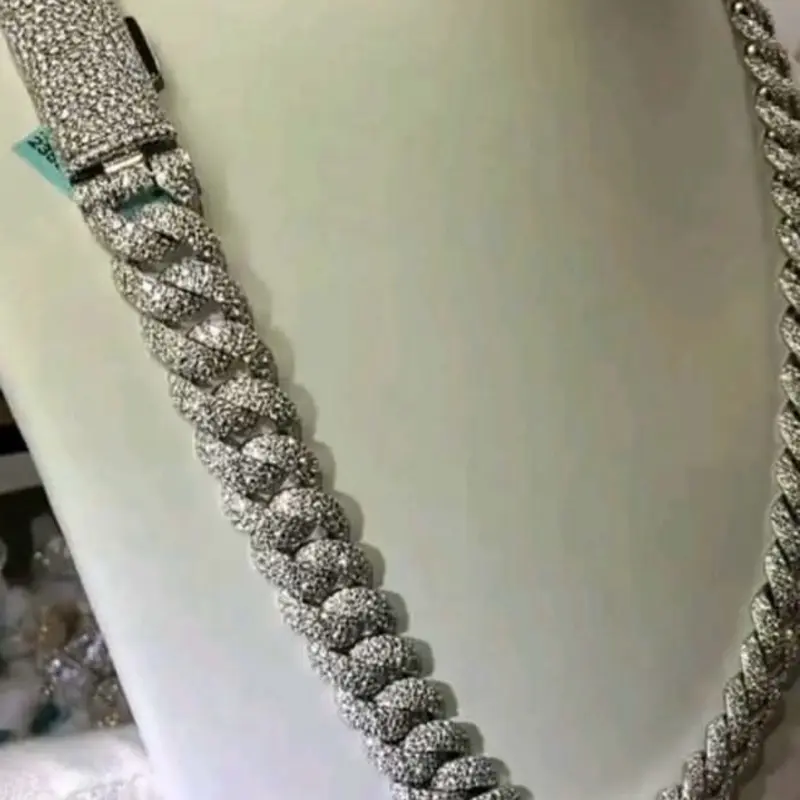 Silver Cuban Link Chain Jewelry Set - 22” 14mm Moissanite Stones Mosaic Set Miami Cuban Link Chains for Men Women