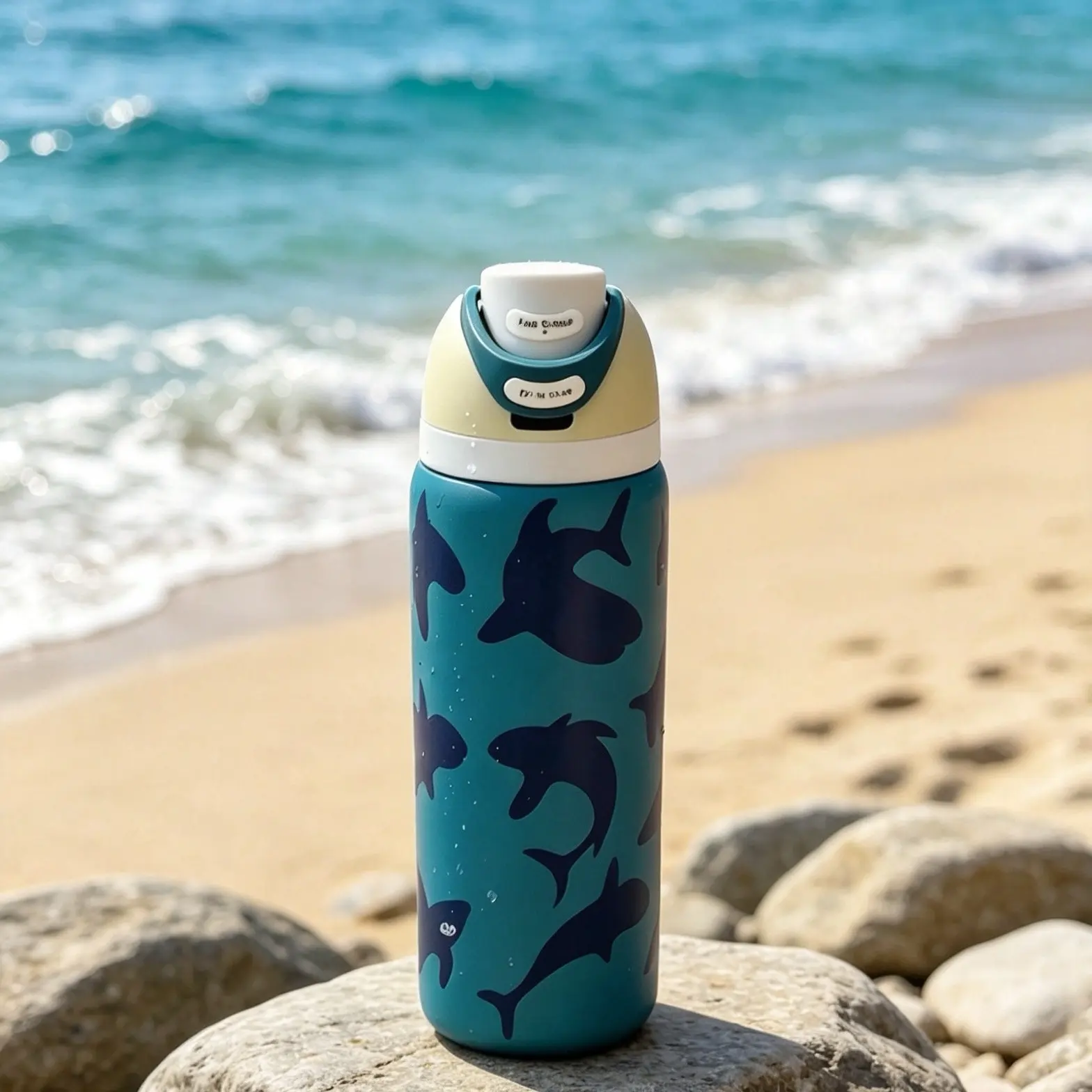 Owala FreeSip 32oz Vacuum Insulated Stainless Steel Water Bottle, Deep Sea Shark Silhouette Print Flip-Top Lockable Leakproof Tumbler, Built-In Dual Sip Straw Cup, BPA-Free 24H Cold Retention Portable Flask for Kids School Gym Outdoor Travel Sports