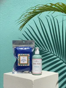 Seychelles Bath Duo | Body Wash + African Exfoliating Net | Hydrating Shower Set | Sandalwood Body Wash & Exfoliating Net Set | Deep Cleanse | Moisturizing Skin Duo