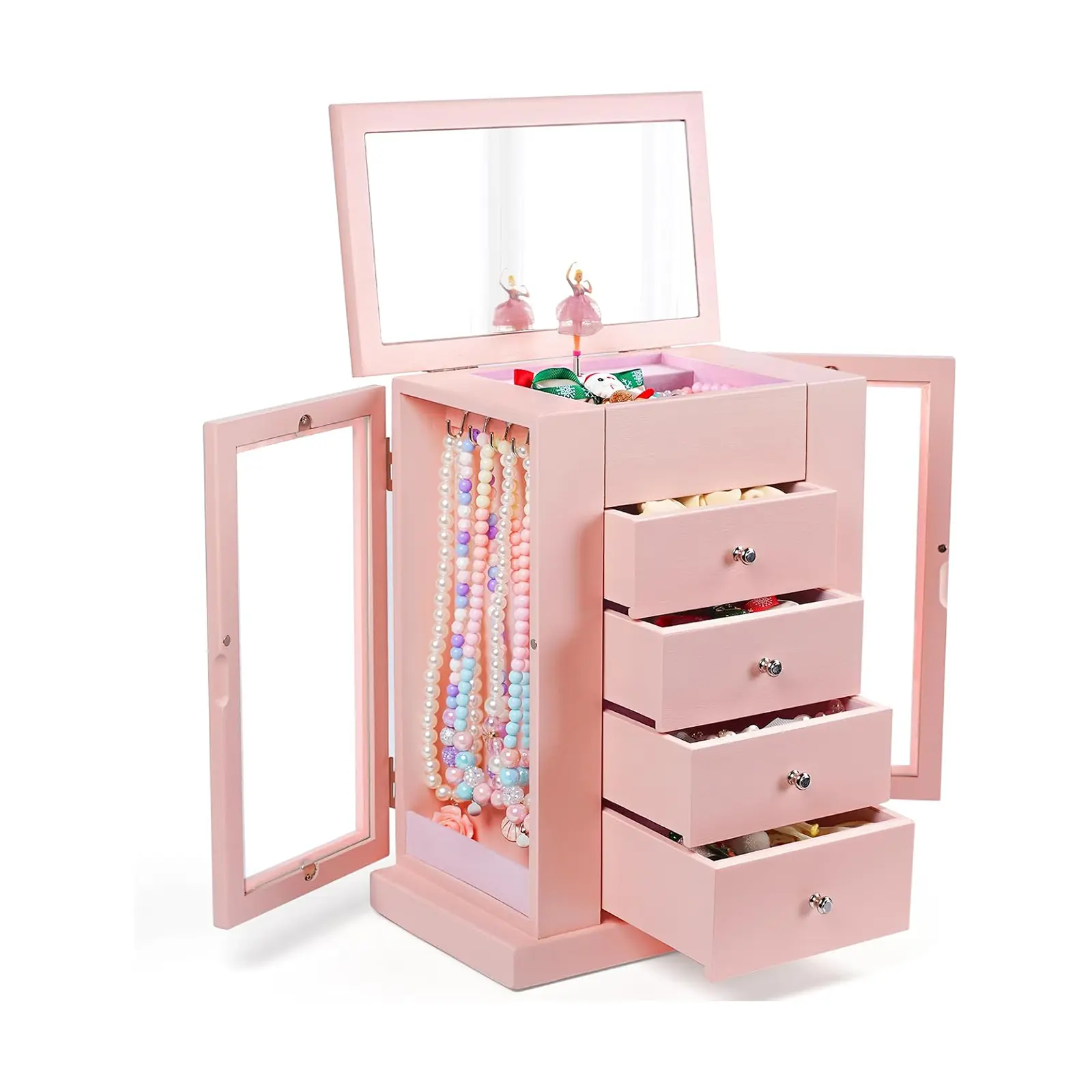 Emfogo Pink Wooden Musical Jewelry Box for Girls - 5-Layer Home Organizer with Spinning Dancer, Mirror, Drawers, Necklace Hooks, Velvet Lining, Glass Accents, Cosmetic Box for Room, Window Display, Rectangular