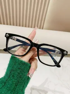 Men's Vintage Square Glasses with Cross Decoration, Blue Light Blocking PC Lenses, Geometric Pattern, All Seasons Wear