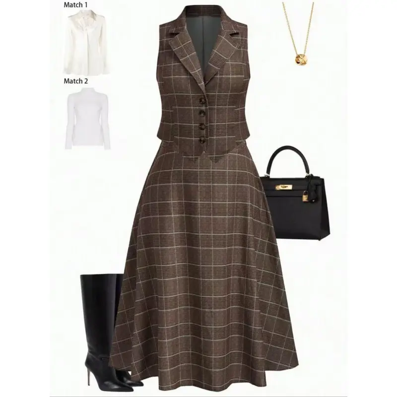 Plus Size Plaid Print Vest and Skirt Set for Women, Casual Fall & Winter, Comfortable and Stylish Ladies Clothing