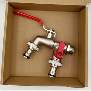 Rustic Dual Outlet Garden Tap, 304 Stainless Steel Metal Outdoor Faucet, Single Hole Installation with Universal Thread Connection, Compatible with Hose Guns Sprinklers and Garden Hoses, Great for Patio Farm Balcony Irrigation and Cleaning