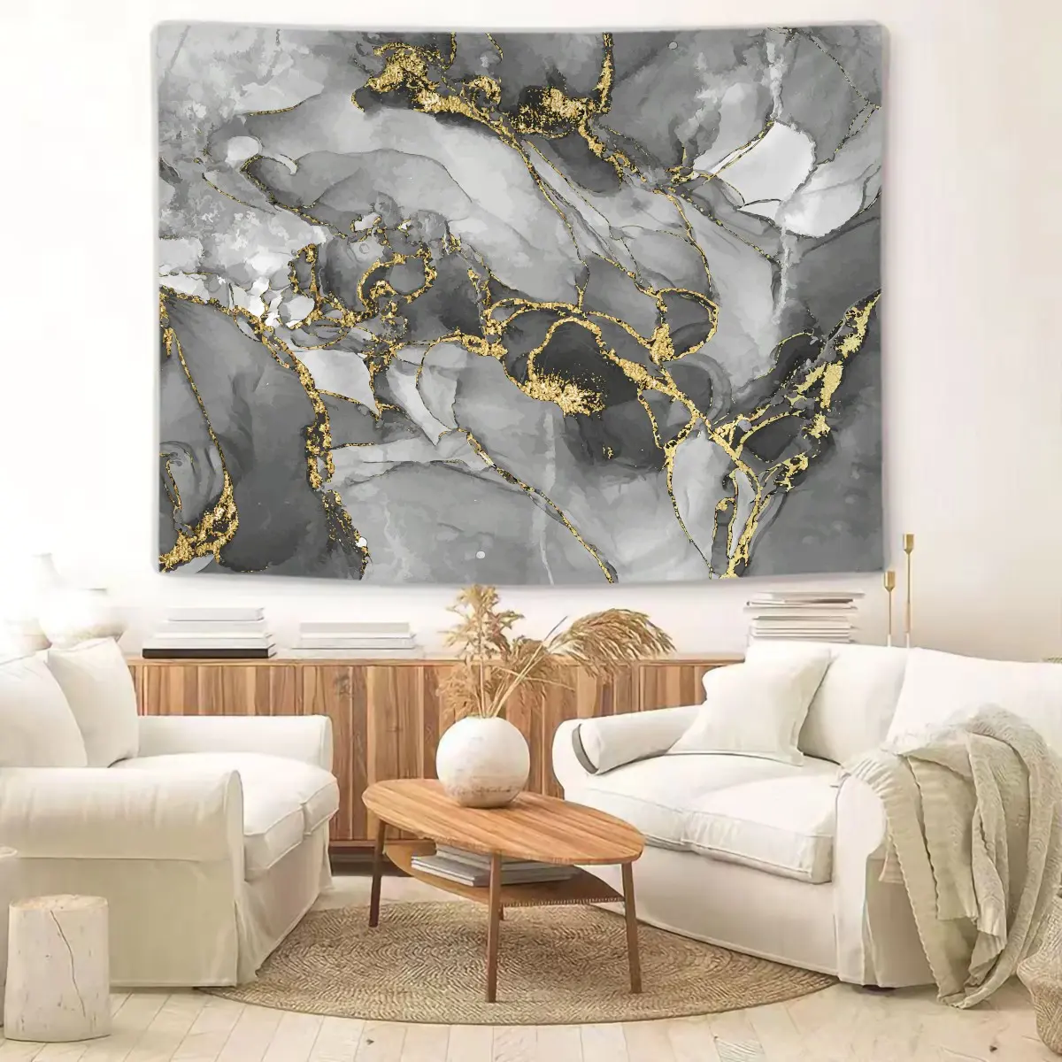 Luxury Gray Gold Marble Tapestry Wall Hanging, Modern Abstract Fluid Art Tapestries, Soft Wall Blanket Backdrop Decor for Bedroom Living Room Dorm, Aesthetic Gold Foil Print Wall Art Decoration