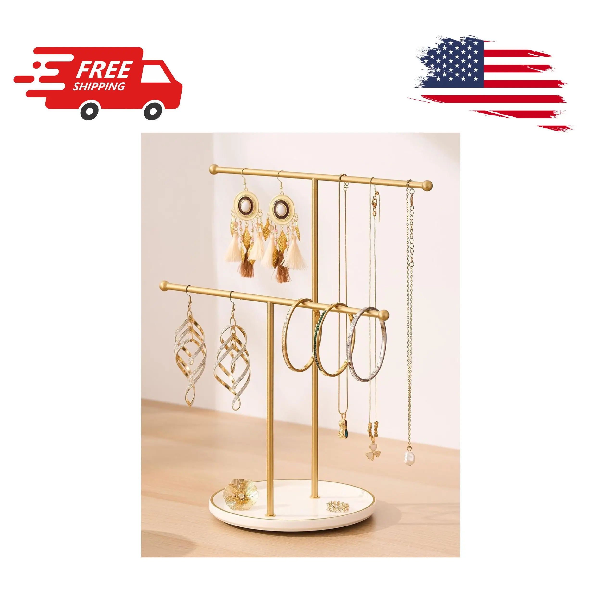 Gold Jewelry Holder Stand with Ceramic Tray: Small Hanging Necklace Organizer Tree