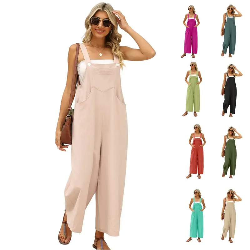 Tanming Womens Cotton Linen Overalls Loose Wide Leg Jumpsuit Sleeveless Button Straps Romper with Kangaroo Pockets Side Zipper Casual Summer Spring Beach Vacation Outfits Clothing