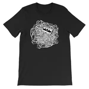 Women's cassette tape and nostalgic music Graphic T-Shirt - Short Sleeve Crew Neck Regular Fit Casual Wear | Soft & Breathable Fabric, Durable Print, Everyday Comfort, Machine Washable, retro vintage graphic design on a t-shirt featuring a tangled