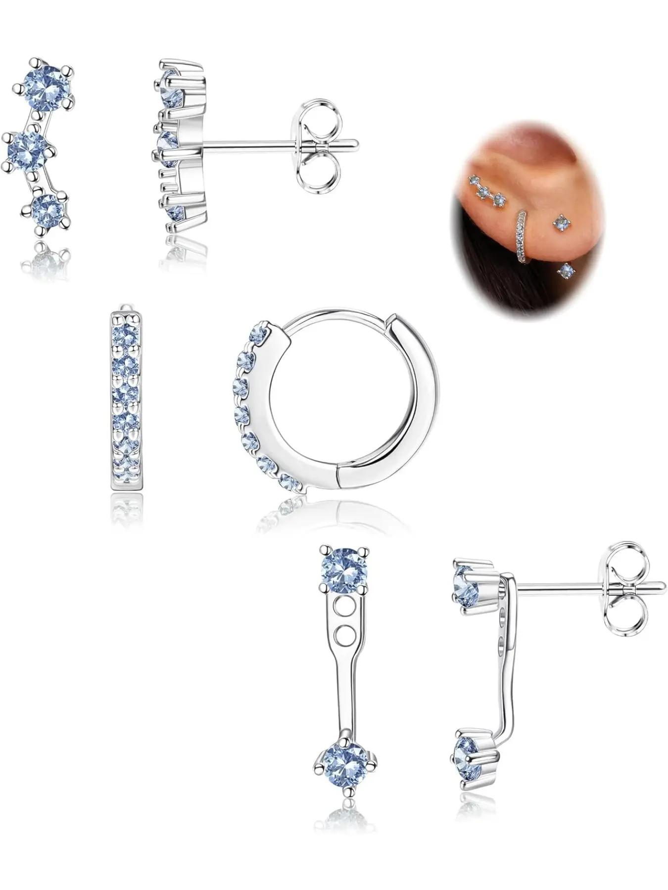 Sterling Silver Color Earrings for Women, 3 Pairs Hypoallergenic Stud Hoop Cartilage Earrings, Small 925 Earring Stacks, Non-Tarnish, Earring Stacking Set, Stud Earring Jewelry, Ear Studs, Stud Earring Pack