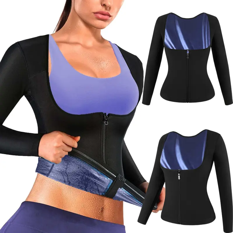 Women's Long Sleeve Zip Up Sauna Sweat Suit Tank Top, Compression Waist Trainer Sauna Vest Shirt, Women Athletic Tee Shirt, Workout Gym Exercise Activewear, Gym Wear for Fall Winter, Women Sportswear