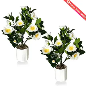 2 Pcs 2-foot Camellia Tree with Decorative Pebbles, Flower Pot, 12 Realistic Flowers, 94 Leaves for Indoor, outdoor courtyard Home Decor