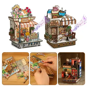 DIY 3D Mini Wooden Street Scene Bookstore/flower Shop/coffee Shop, LED Light, Handmade 3D Toy House Decor, Christmas Gift