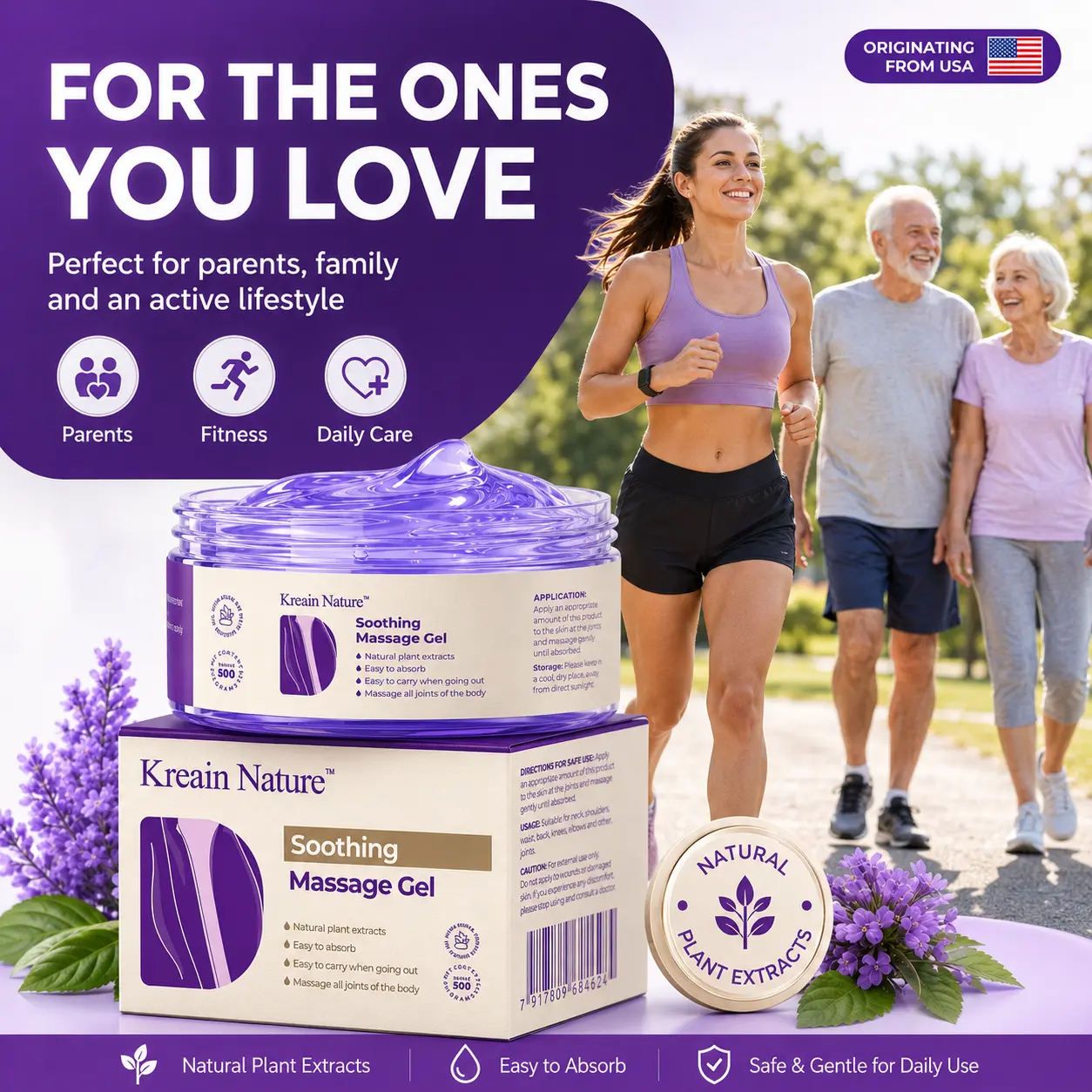 Kreain Nature Soothing Massage Gel, Purple Gel for Joints & Muscles, Easy Absorb Body Massage Cream for Knees, Shoulders, Back & Elbows