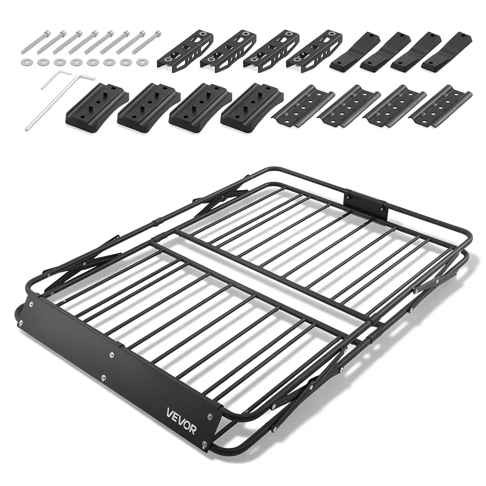 VEVOR Heavy-Duty Rust-Resist Steel Car Roof Rack Cargo Basket, 46x36x4 in Extra-Large Platform, 200 lbs Load Support, Foldable Frame, All-Weather Ready Easy-Install Luggage Holder, Universal for SUV/Truck, Travel Wind Deflector
