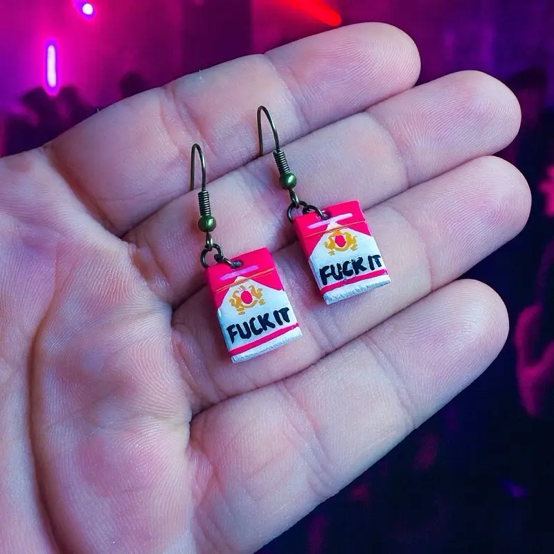 Cigarette Box Earrings - Unique Design with "F*** It" Text and Red Box Pattern