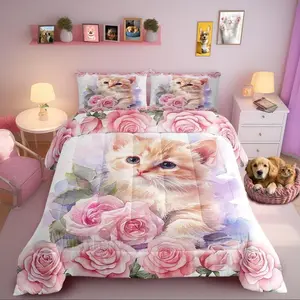 Kawaii Cat Comforter Set for All Seasons,Kids Cute Animal Kitten Pet Bedding Set,Teens Bedroom Decor,Floral Pink Rose Blossoms Comforter Inner Fill