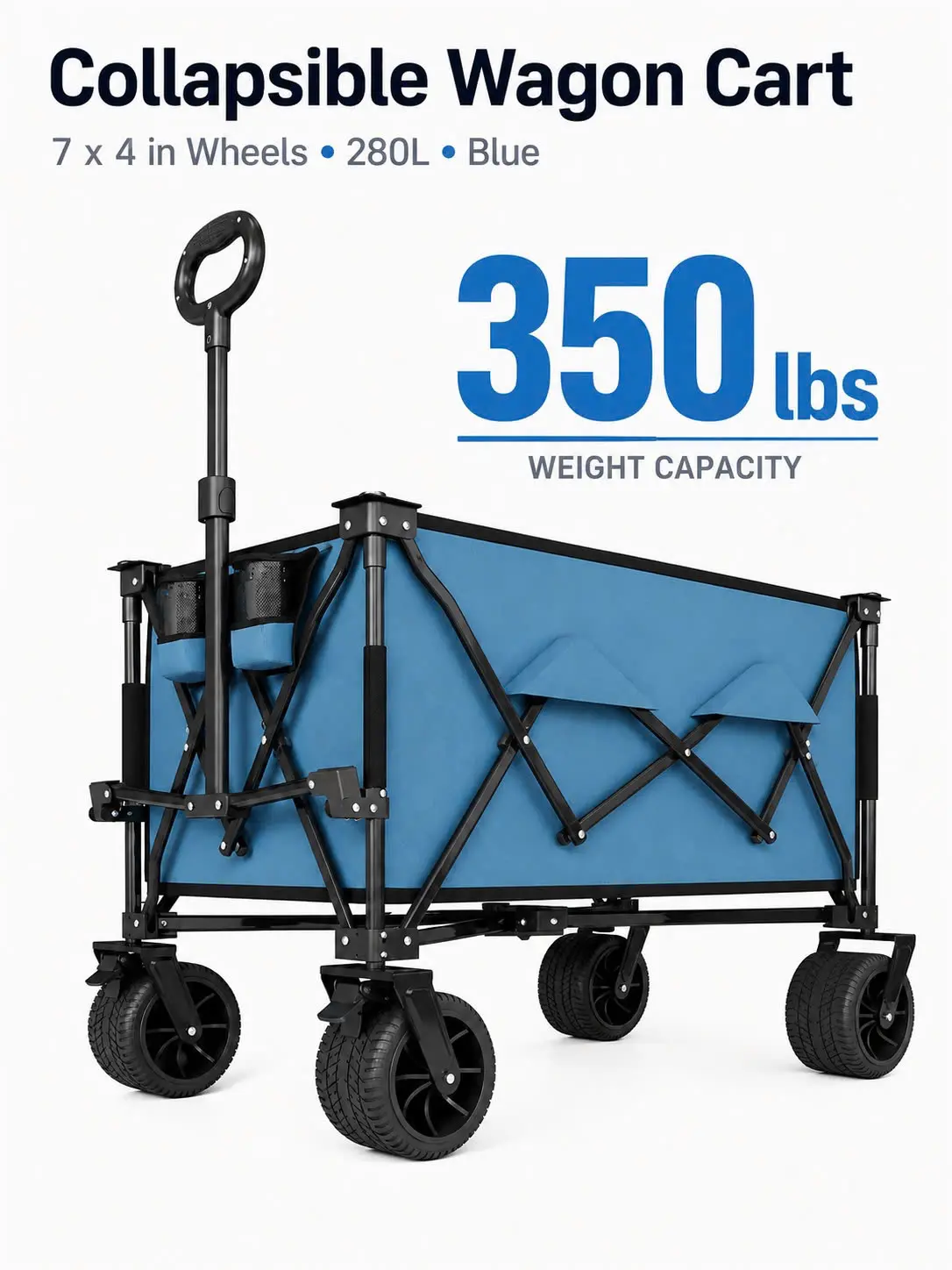 Collapsible Wagon Cart 7 x 4 in 350 lb Capacity Blue Color, 280L Foldable Utility Wagon with Brakes & Cup Holders, All-Terrain Wheel