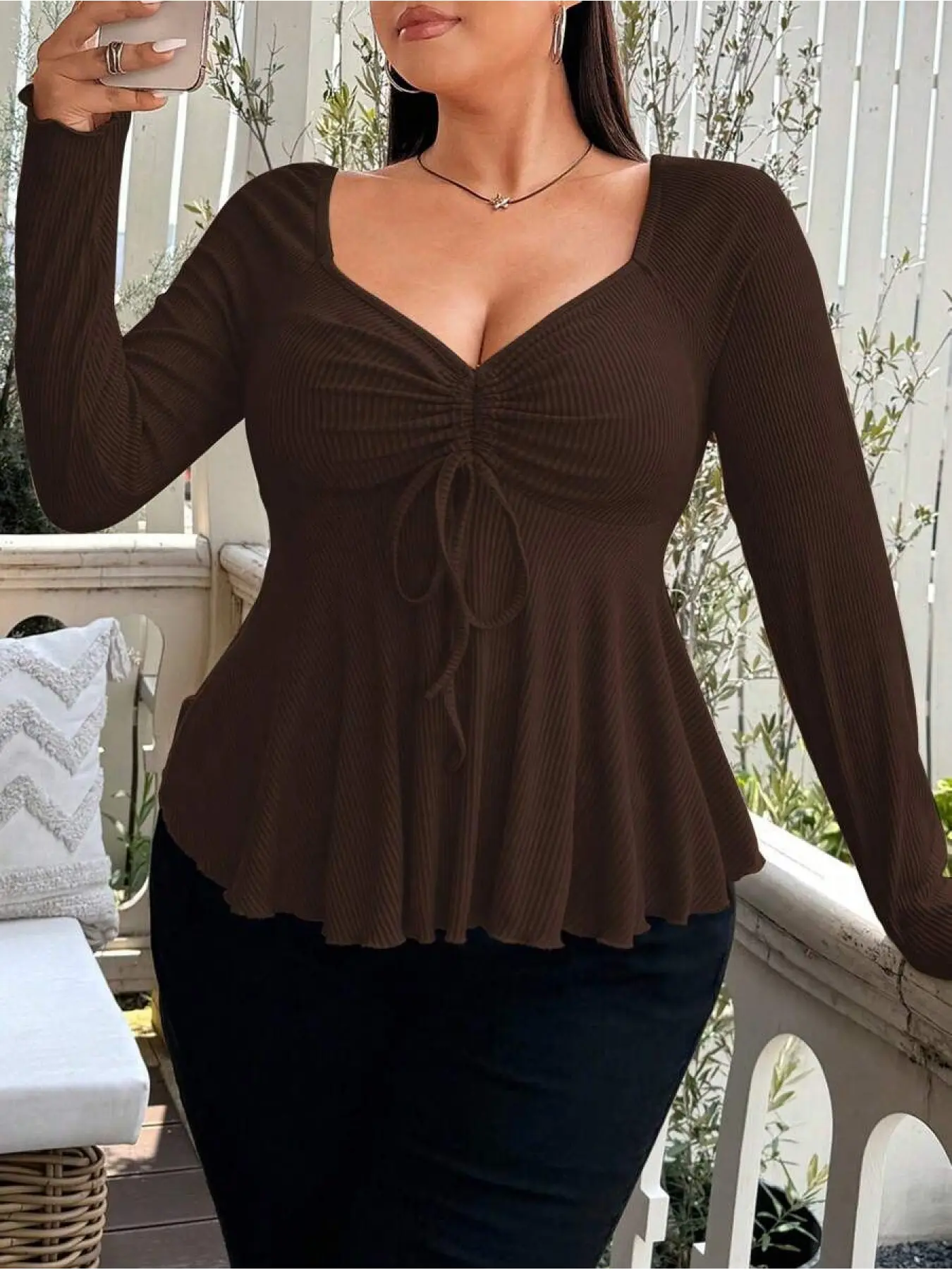 Elegant New Fashion Solid Color Women's T-Shirt Top, Peplum, Chest Strap Design, Slimming Effect, Casual Fitted Style, Spring & Fall