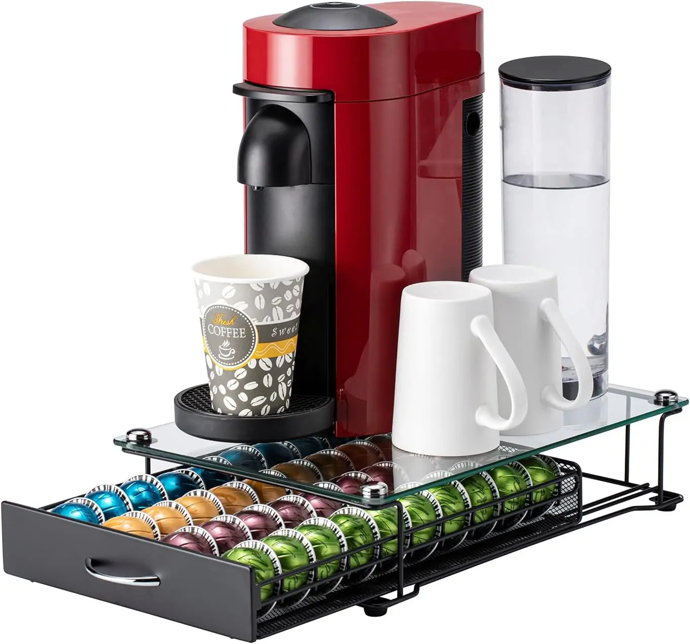 Vertuo Capsule Holder Drawer for  With Glass For Cabinet Vertuoline Pod Storage Rack For Counter (Class-40 PodsWith handle)
