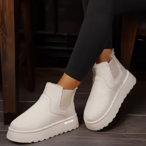 Women's Platform Elegant Short Boots Mid Calf Slip On Chunky Ankle Snow Booties Lined Snow Slipper House Outdoor Indoor Boots Shoes for Women Black Footwear