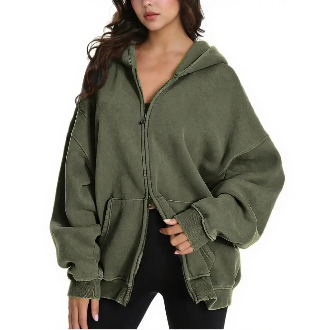 Women's Baggy Acid Wash Zip Up Hoodie in Heavyweight Cotton Fleece, Essential Streetwear Outerwear with Ribbed Trim and Pockets, Everyday, Long Sleeve, Basic, Zipper, Adjustable, Oversized, Lady, Piece, Chain, Style, Fabric, Tops, Longsleeves, Polyester