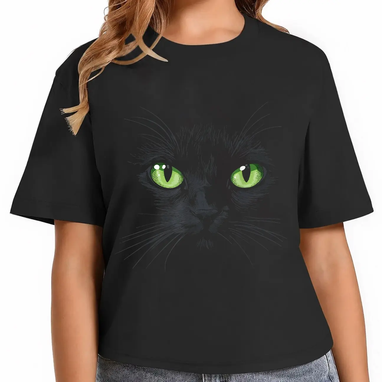 100% Cotton Unisex Black Cat with Green Eyes T-Shirt for Men Women