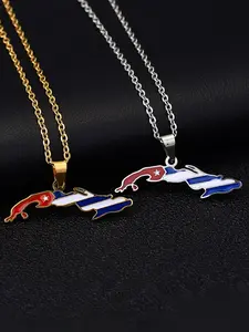 Cuba Map & Flag Necklace, Fashion Pendant Necklace, Cuban Style Necklace, Stainless Steel Enamel Pendant, Cuban Cultural Jewelry, Red, Blue, and White Enamel Design, Festive Accessory, Versatile Clavicle Chain, A Cuban-Themed Gift