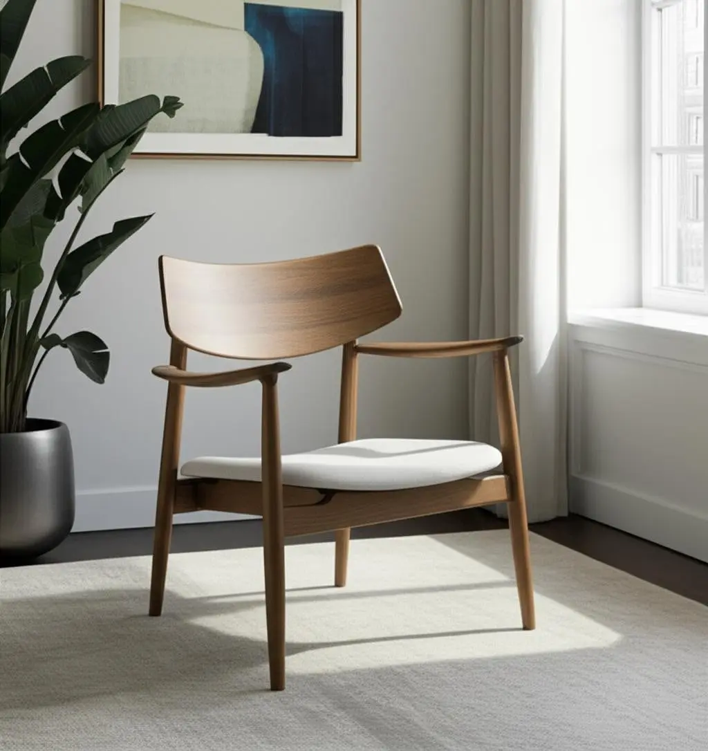 Mid-Century Upholstered Lounge Accent Chair - 360-Degree Stand, Square Frame, Recessed Arms, Brown & Cream Upholstery, Solid Wood, 27 in Height, 28.35x26.77x27.56 in Dimensions, Upholstered Lounge Chair