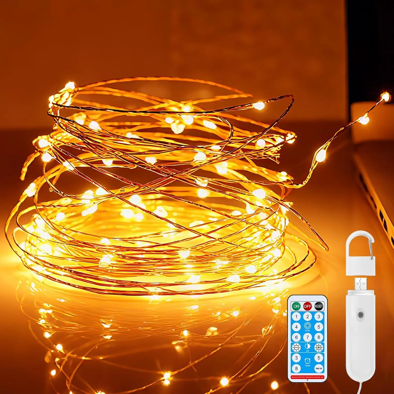 Fairy Lights  Operated,33ft 100 LED String Lights Rechargeable Copper Wire Light with 8 Modes/Timer/Remote for Indoor Lighting, Bedroom, Wedding Decor, Party, Christmas(Warm White)
