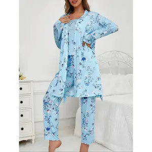 Women’s three-piece pajama set with a floral butterfly print and lettuce-edge trim: robe, vest, and pants; casual and comfortable three-piece women’s pajama set; four-season women’s pajama set; pajama set by GARMENTARY