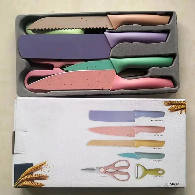 6 PCS Colorful Kitchen Knife Set, Colored Knives Set with Non-Stick Coating, Chef Boxed Knives Set for Cooking, Camping, Travel, Picnic, BBQ