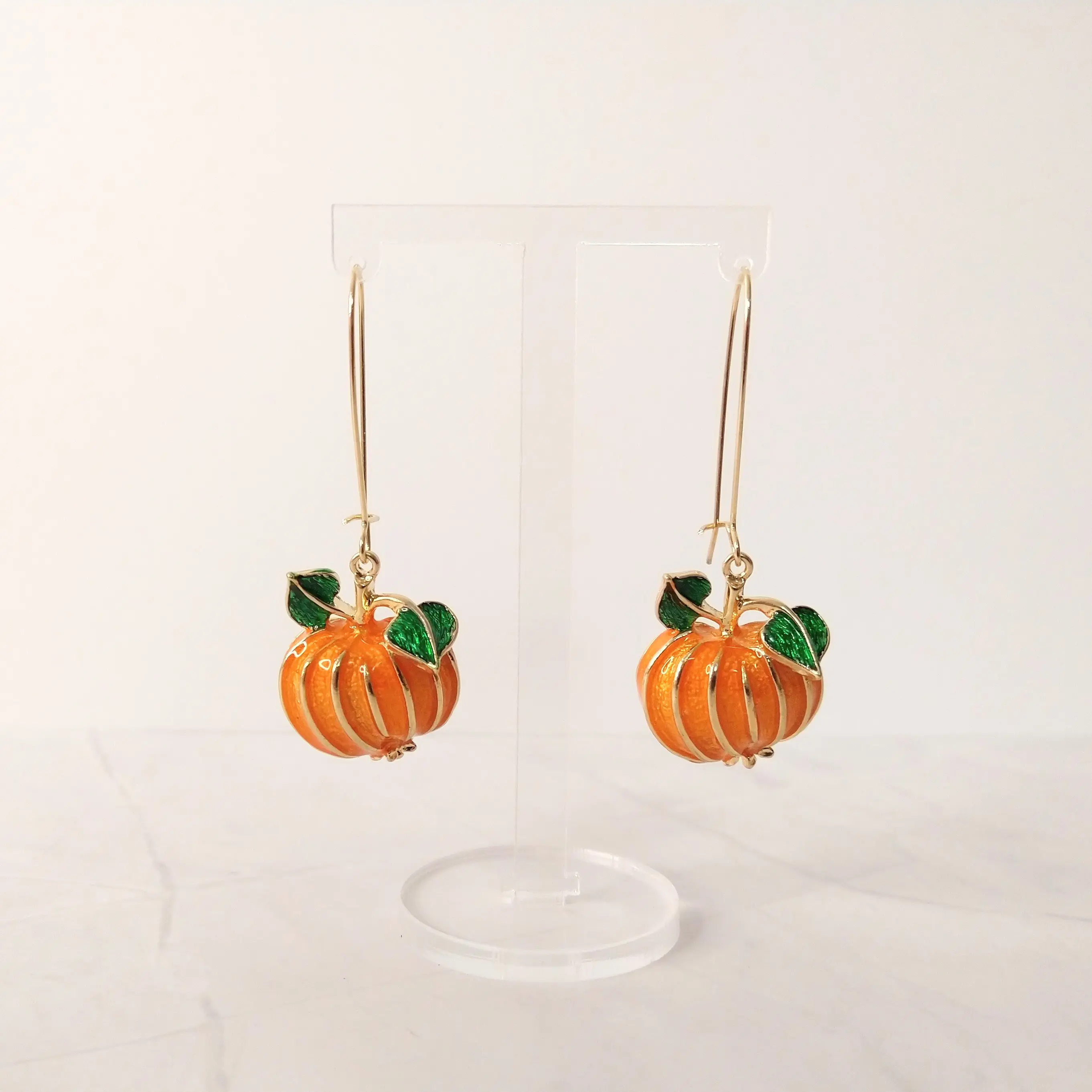 #152 Orange Pumpkin with Green Leaves Drop Earrings - Casual Autumn Fall Halloween Jewelry