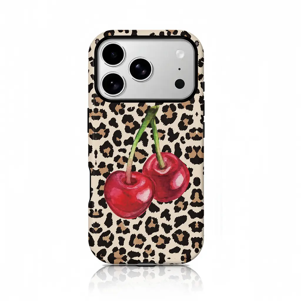 2-in-1 Smartphone Case - Stylish Leopard Print & Cherry Design, Durable, Shock-Absorbing, Glossy Finish, Handheld Cellphone Protection for iPhone 17/16/15/14/13/12/11/X, Samsung & Other Devices, Great Holiday Gift for Friends, Casing, Accessories