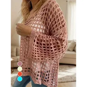 【Plus Size】 Women's Solid Color Hollow Out Crochet Sweater Top, Casual Long Sleeve Knitwear for Beach Vacation, Ladies Clothes for All Seasons, Womenswear