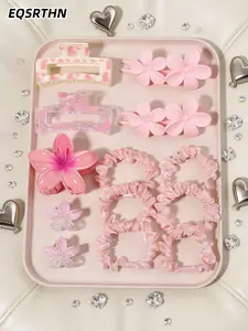 13Pcs Pink Plumeria Flower Hair Claw Clips Set, Hawaiian Summer Aesthetic Hair Accessories for Women & Girls, Cute Floral Matte Large Non-Slip Hair Clamps & Scrunchies for Thick Hair Beach Vacation Styling