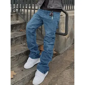 Men's Flare Jeans Washed Vintage Blue Elastic Patchwork Slim Fit High Street Korean Style Denim Jeans, Casual All Seasons