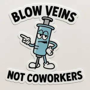 Funny Nurse Sticker Pack "Blow Veins" Glossy Decals Set of 3 Sassy Cartoon Syringe for Laptops Water Bottles Clipboards Tumblers or Badge Reels